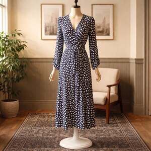 Sexy Diva Blue and White Polka Dot V-Neck Wrap Midi Dress